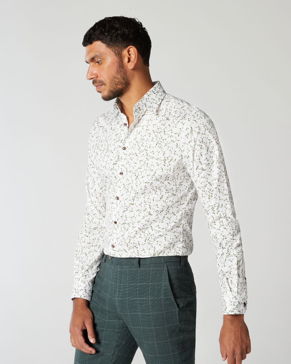 White/Olive Slim Long Sleeve Floral Shirt